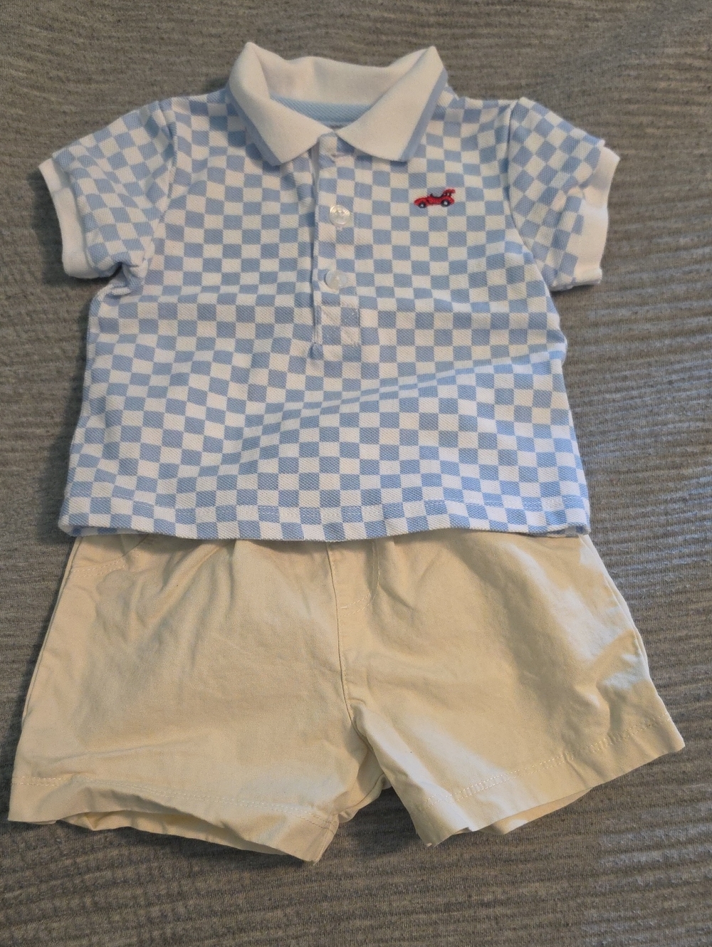 Little Me Blue Check Polo with Red Car & Cream Shorts